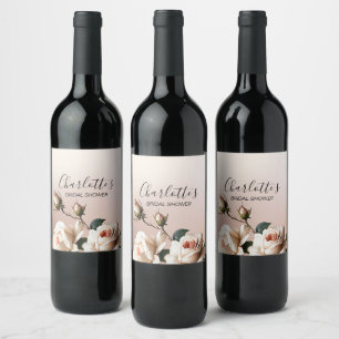 Gorgeous Blush Beige Oil Rose Bridal Shower Wine Label