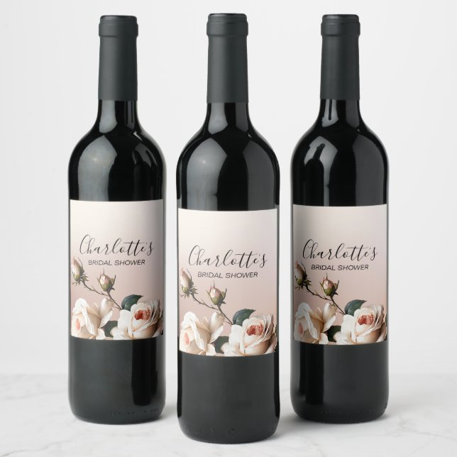 Gorgeous Blush Beige Oil Rose Bridal Shower Wine Label (Bottles)
