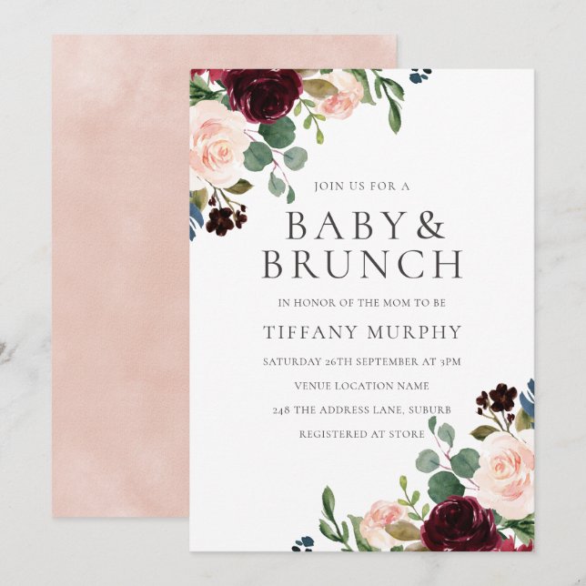 Gorgeous Blush Burgundy Flowers Baby Shower Brunch Invitation (Front/Back)