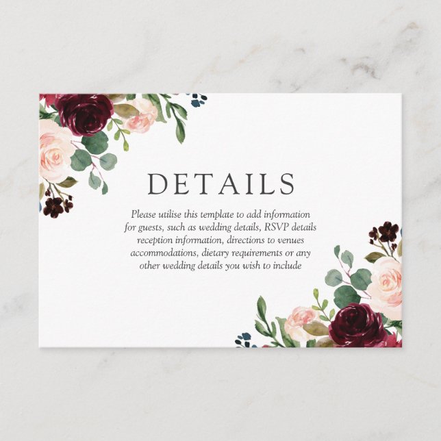 Gorgeous Blush & Burgundy Flowers Elegant Wedding Enclosure Card (Front)