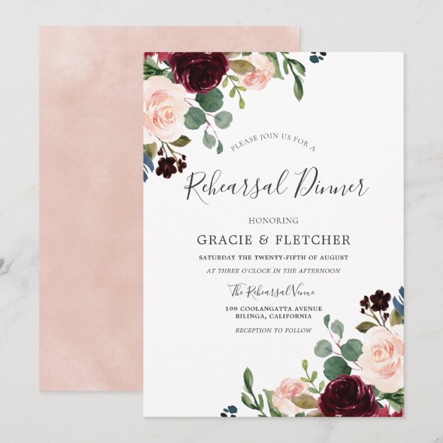 Gorgeous Blush & Burgundy Flowers Rehearsal Dinner Invitation (Front/Back)
