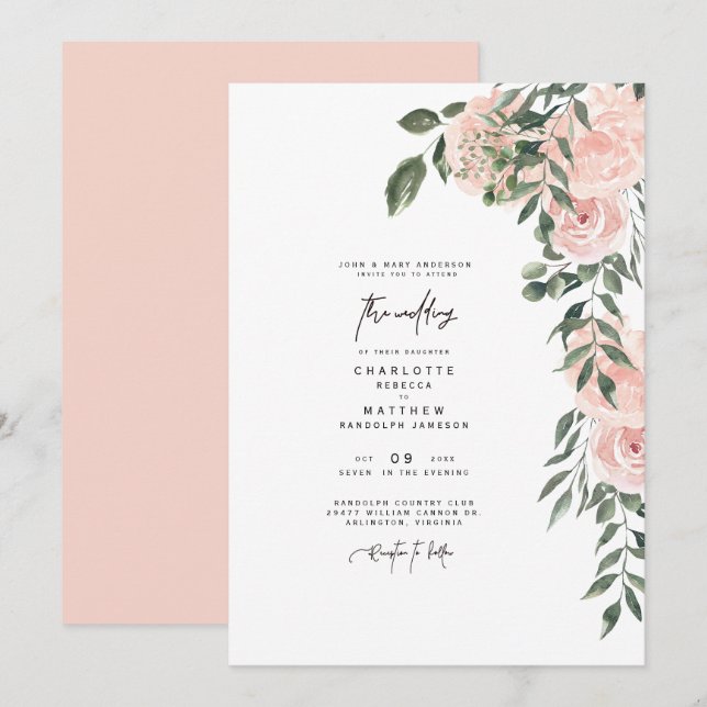 Gorgeous Blush Floral Bride Parents Wedding Invitation (Front/Back)