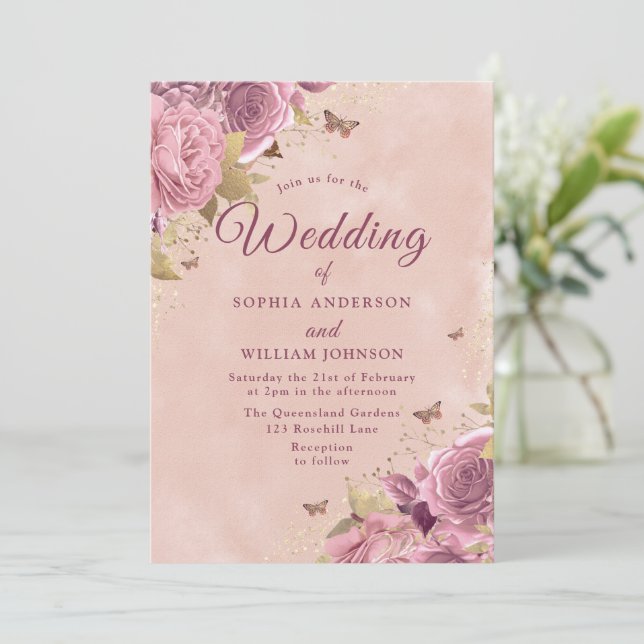 Gorgeous Blush Floral Watercolor Wedding Invitation (Standing Front)