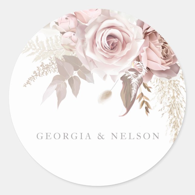 Gorgeous Blush Floral Wedding  Classic Round Sticker (Front)