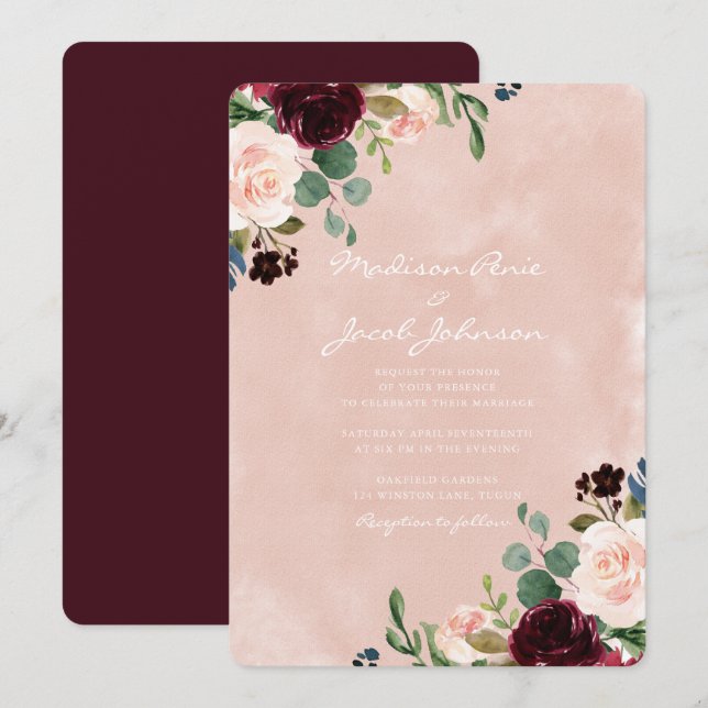 Gorgeous Blush Watercolor Burgundy Red Wedding Invitation (Front/Back)