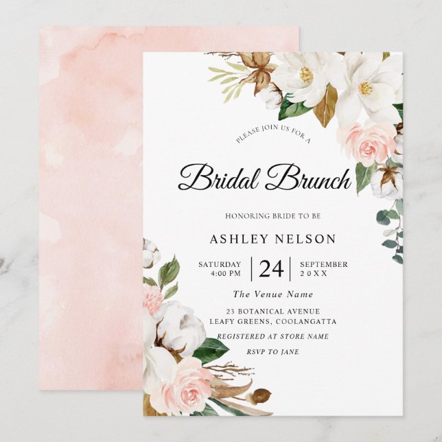 Gorgeous Blush & White Floral Bridal Shower Brunch Invitation (Front/Back)
