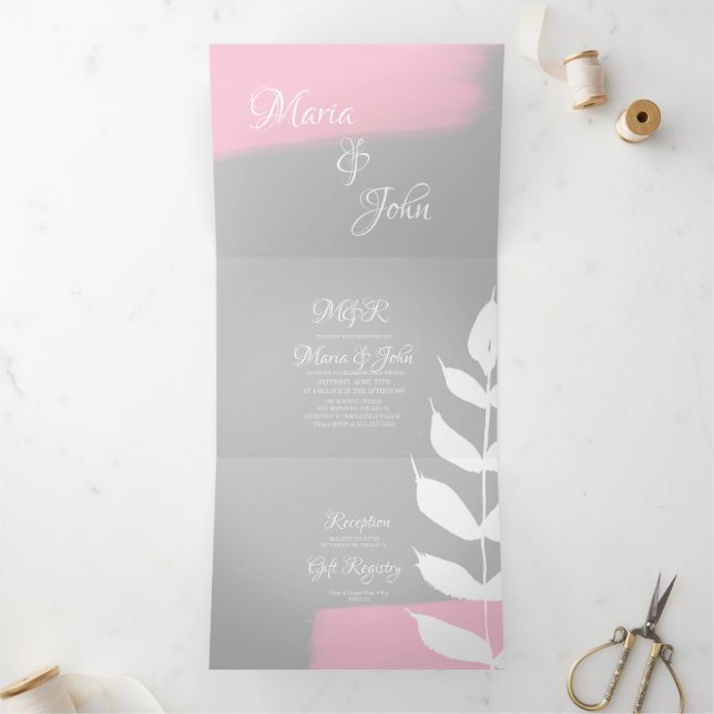 Gorgeous Botanical Leaf Pink Brush Grey Wedding Tri-Fold Invitation (Inside)