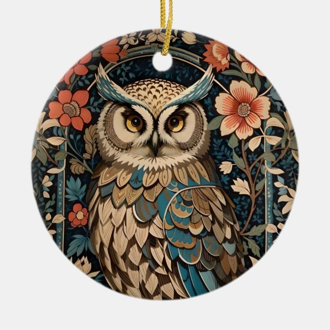 Gorgeous Brown Owl William Morris Inspired Floral Ceramic Ornament (Front)