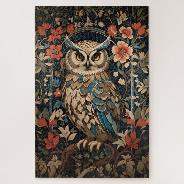 Gorgeous Brown Owl William Morris Inspired Floral Jigsaw Puzzle (Vertical)