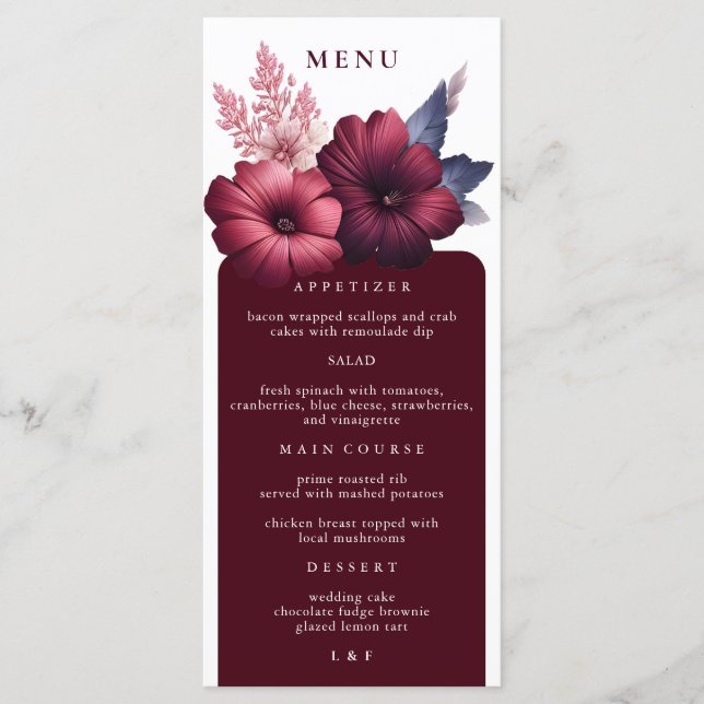 Gorgeous Burgundy & Blush Pink Magnolia Dinner Menu (Front)