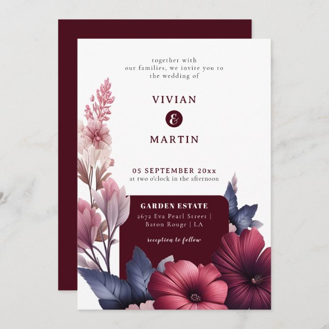  Gorgeous Burgundy & Blush Pink Magnolia Wedding Invitation (Front/Back)