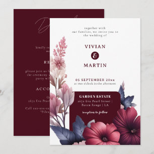 Gorgeous Burgundy Floral All in One Wedding Invitation