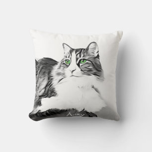 Gorgeous cat with green eyes stylized hand painted throw pillow