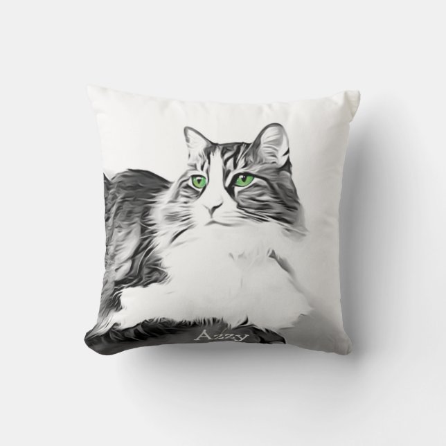 Gorgeous cat with green eyes stylized hand painted throw pillow (Front)