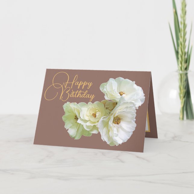 Gorgeous Chic White Rose Floral Bouquet Birthday Card (Front)