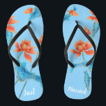 Gorgeous Chinoiserie Orange & Blue Wedding  Flip Flops<br><div class="desc">It's gorgeous, isn't it? This desirable pair of flip flops features vintage luxury chinoiserie pattern of lotus flowers against the bright blue background, and changeable typography "Just Married". Show off your new Mrs. status with these stunning and comfortable bridal slides! ♥Customize it with your wording by using the template fields....</div>