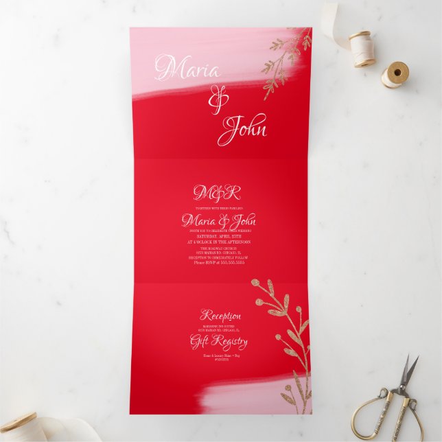 Gorgeous Christmas Rose Gold Sprigs Red Wedding Tri-Fold Invitation (Inside)