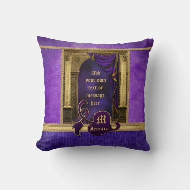 Gorgeous Classic Arch Columns Violet Drapes Gold Throw Pillow (Front)
