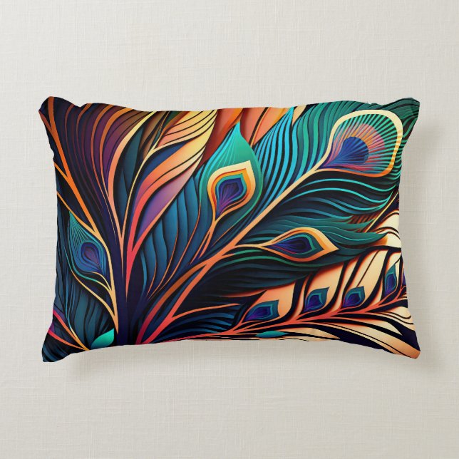 Gorgeous Colorful Peacock, Art Deco Style Accent Pillow (Front)