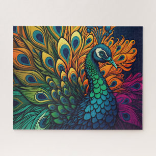 Gorgeous Colorful Peacock, Art Deco Style Jigsaw Puzzle