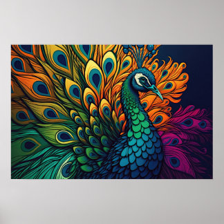 Gorgeous Colorful Peacock, Art Deco Style Poster