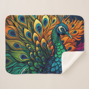 Gorgeous Colorful Peacock, Art Deco Style Sherpa Blanket