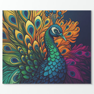 Gorgeous Colorful Peacock, Art Deco Style Wrapping Paper