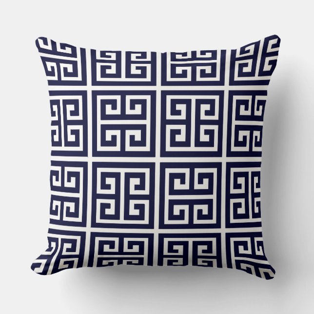 Gorgeous Deep Blue and White Greek Key Pattern Throw Pillow (Front)