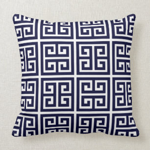 Gorgeous Deep Blue and White Greek Key Pattern Throw Pillow