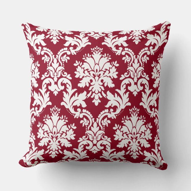 Gorgeous Deep Red Damask Floral Pattern Throw Pillow (Front)