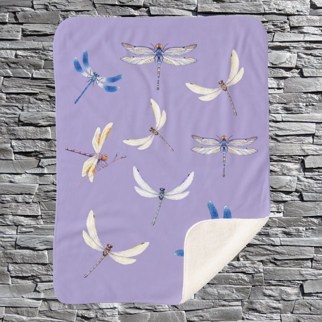 Gorgeous Dragonflies in Flight on Dusky Purple Fle Sherpa Blanket (Creator Uploaded)