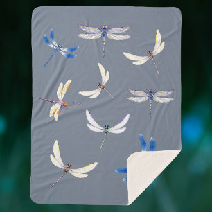 Gorgeous Dragonflies in Flight on Gray Sherpa Blanket