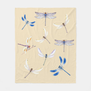 Gorgeous Dragonflies in Flight on Light Tan Fleece Blanket