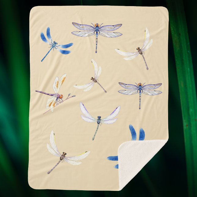 Gorgeous Dragonflies in Flight on Light Tan Sherpa Blanket (Creator Uploaded)