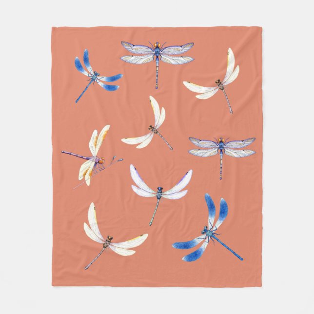 Gorgeous Dragonflies in Flight on Terra Cotta Fleece Blanket (Front)