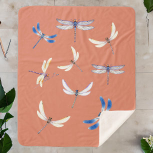 Gorgeous Dragonflies in Flight on Terra Cotta Sherpa Blanket