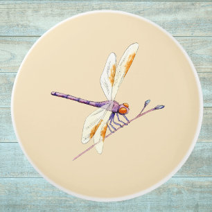 Gorgeous Dragonfly on Branch on Tan Ceramic Knob