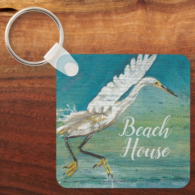 Gorgeous Egret Coastal Bird Art Keychain (Gorgeous Egret Shorebird On Water Art Keychain from Jenn's Emporium. )