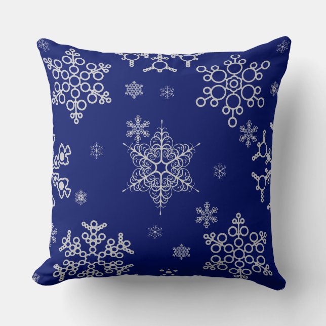 Gorgeous Elegant Snowflakes Pattern On Navy Blue Throw Pillow (Front)