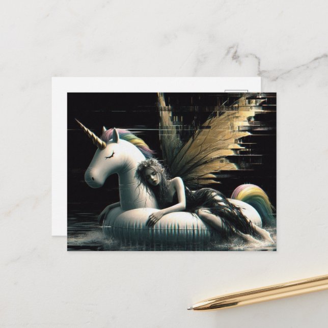 Gorgeous Fairy asleep on unicorn pool float glitch Postcard (Front/Back In Situ)