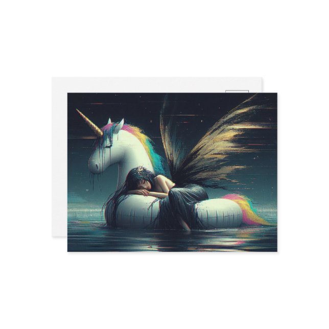 Gorgeous Fairy asleep on unicorn pool float glitch Postcard (Front/Back In Situ)