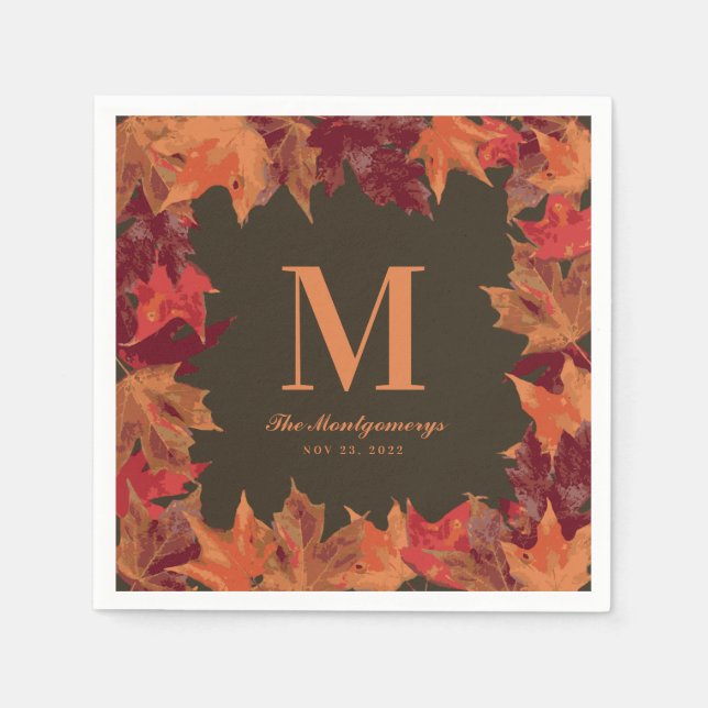 Gorgeous Fall Autumn Leaves Monogram Napkin (Front)