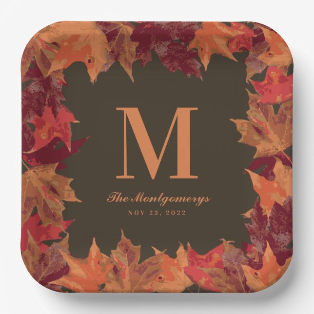 Gorgeous Fall Autumn Leaves Monogram Paper Plate (Front)