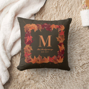 Gorgeous Fall Autumn Leaves Monogram Throw Pillow