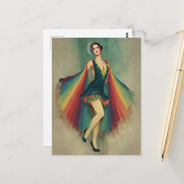 Gorgeous Flapper Woman in a Rainbow Cape Postcard (Front/Back In Situ)