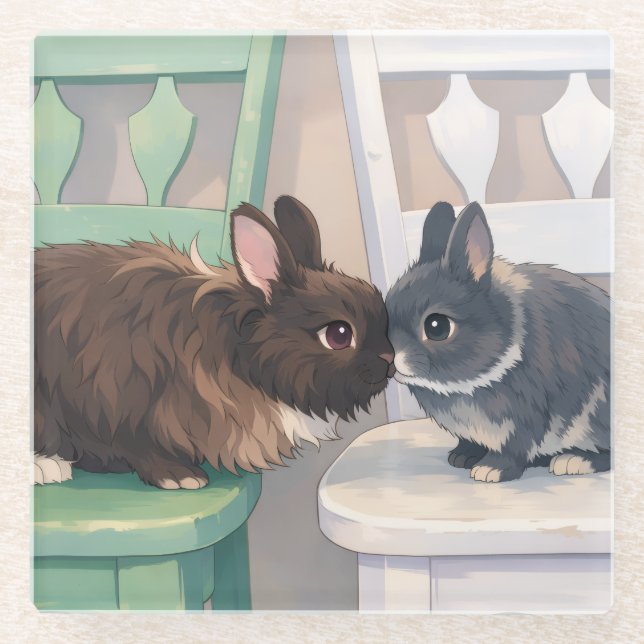 Gorgeous Glass Drink Coasters - Two Rabbits (Front)