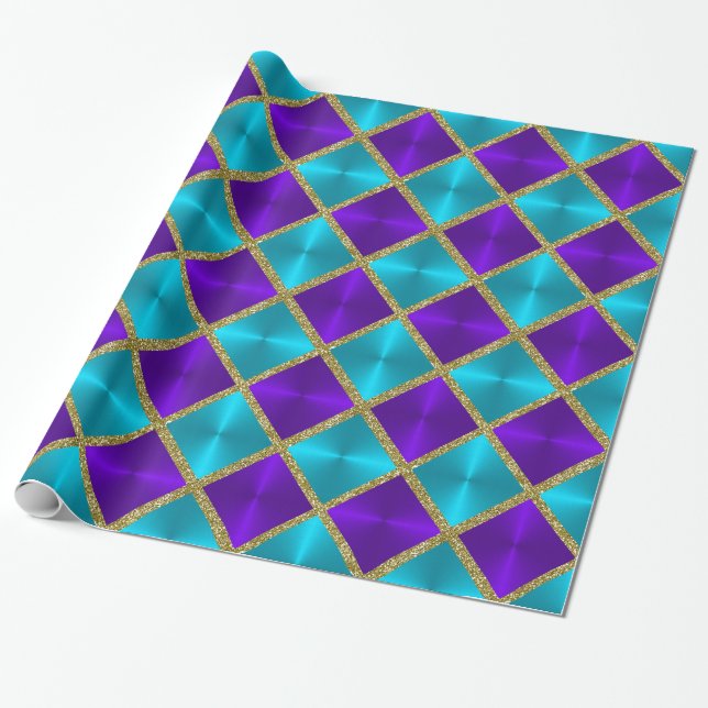 Gorgeous Glitter Turquoise and Purple Squares Wrapping Paper (Unrolled)