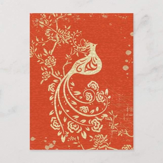 Gorgeous Gold Bird Fine Girly Retro Floral Postcard (Front)