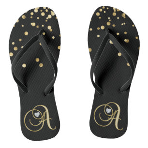 Gorgeous Gold Monogram Letter 'A' Diamond Heart Flip Flops