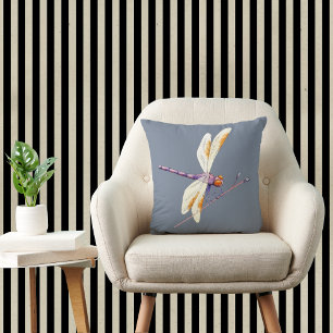 Gorgeous Golden Dragonfly on Branch Against Grey Throw Pillow